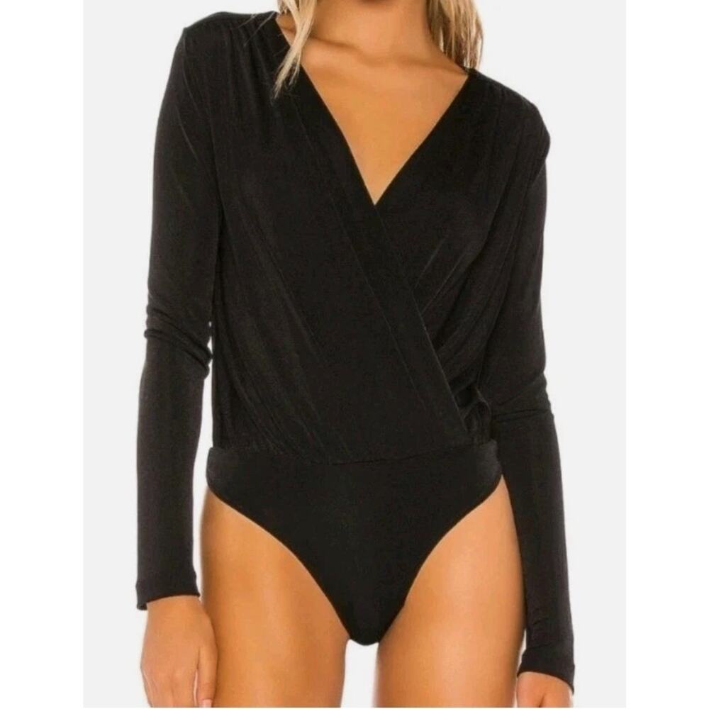 Free People Intimately Turnt Bodysuit Black Drapey Silky Long Sleeve V Neck Sz L